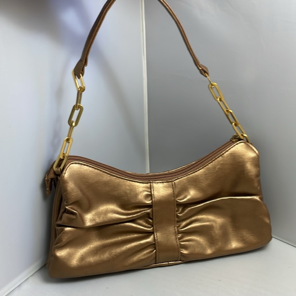 Champagne Gold Bow Shoulder Bag Purse with Gold Chain Links on‎ Handle 3 Pockets